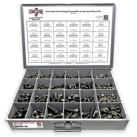 Boltsandnuts.Com Inch Grade 8 Hex Flange Frame Bolts & Lock Nuts Phos & Oil Assortment - 693 PCS Assortment Kit #391